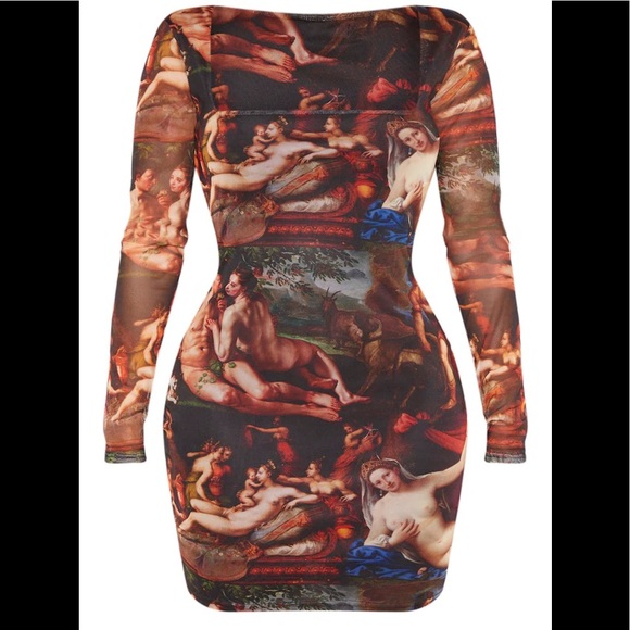 Multi Renaissance Print Mesh Bodycon Dress✨ - Picture 4 of 6